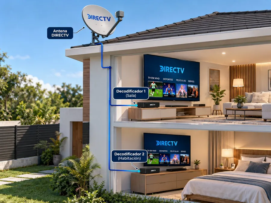 Instalación DIRECTV con antena satelital y 2 decodificadores, uno en la sala y otro en la habitación